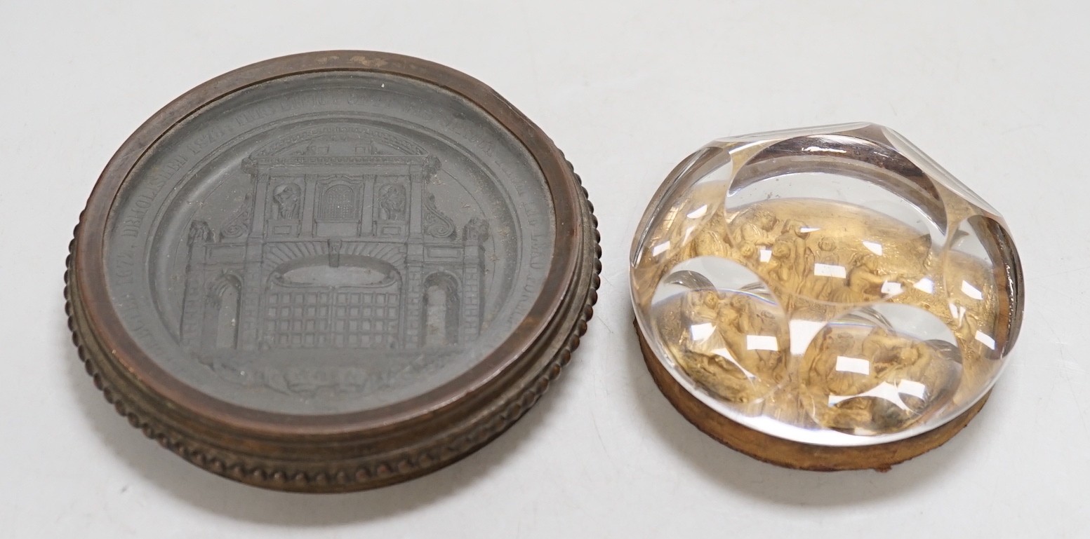 Temple Bar commemorative cast lead and brass paperweight, ‘Temple Bar: erected 1672, demolished 1878; this effigy of it was struck from the lead formally on the roof’ and a 19th century gilt metal relief glass cased pape